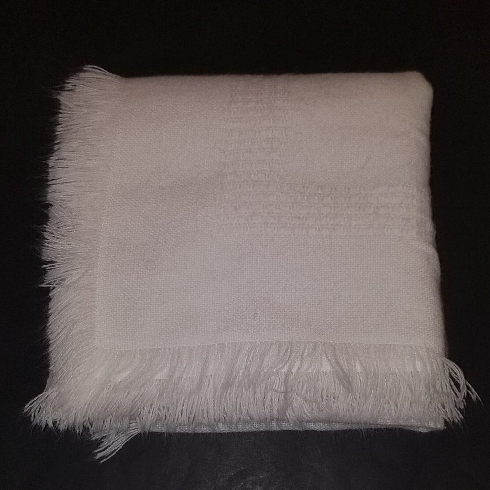 VTG Solid White Churchill Handwoven Baby Blanket All Orlon Acrylic Fringe Knit